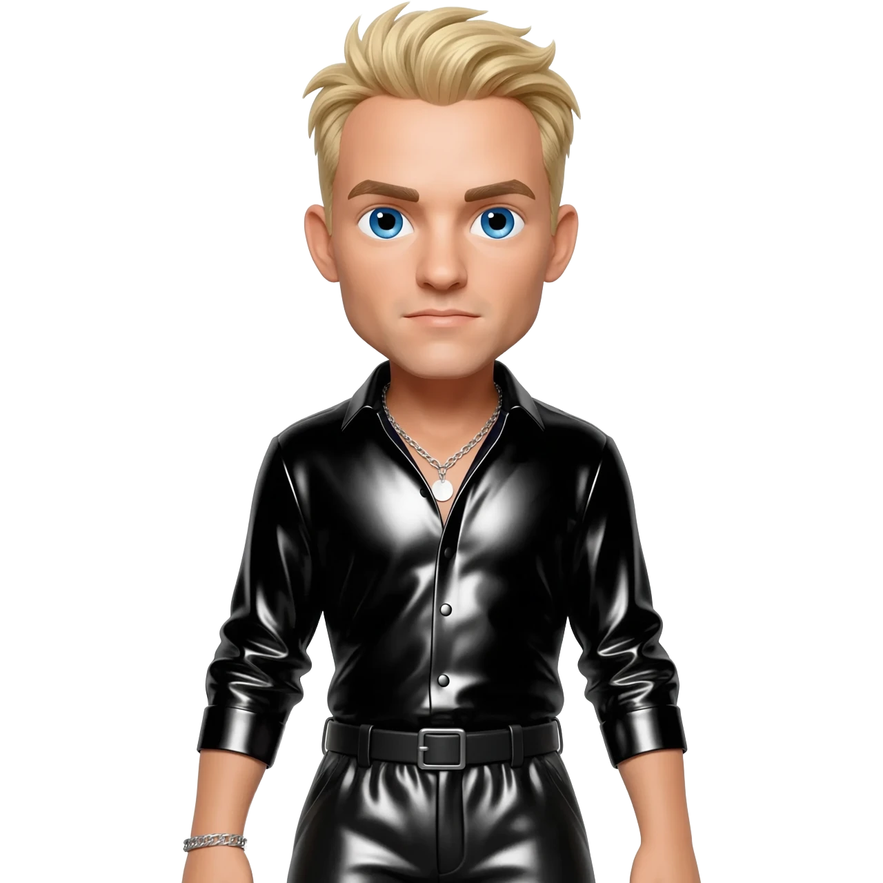 Brian McFadden from Westlife with blue eyes, blonde hair, black metallic shirt, black metallic baggy pants, silver necklace emoji