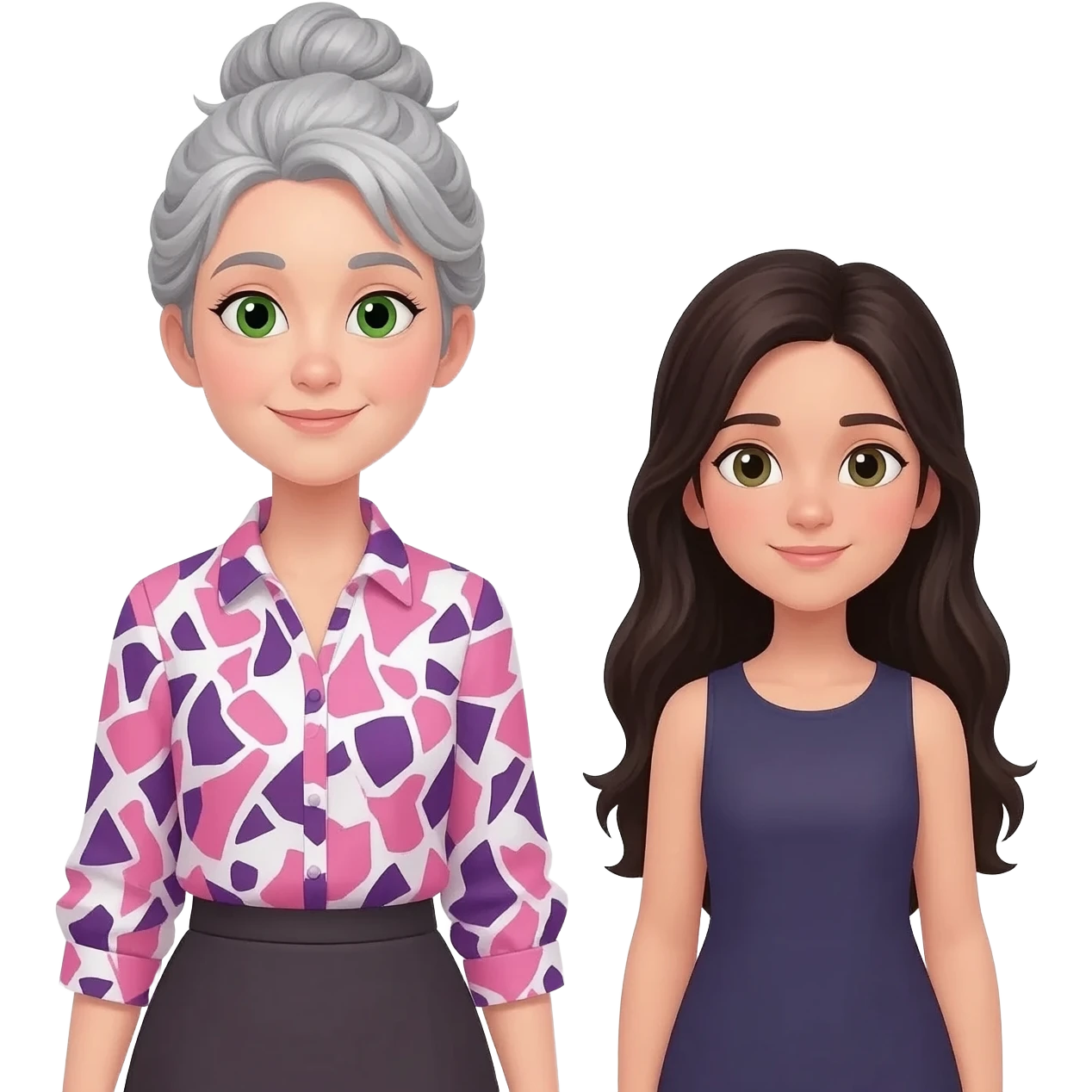 MUJER MAESTRA, PELO GRIS, MOÑO INFORMAL DESPEINADO, OJOS VERDES CARA OVALADA Y BABI DE MAESTRA CUADROS ROSAS/GRANATE/BLANCOS CON NIÑA MORENA PELO LARGO emoji