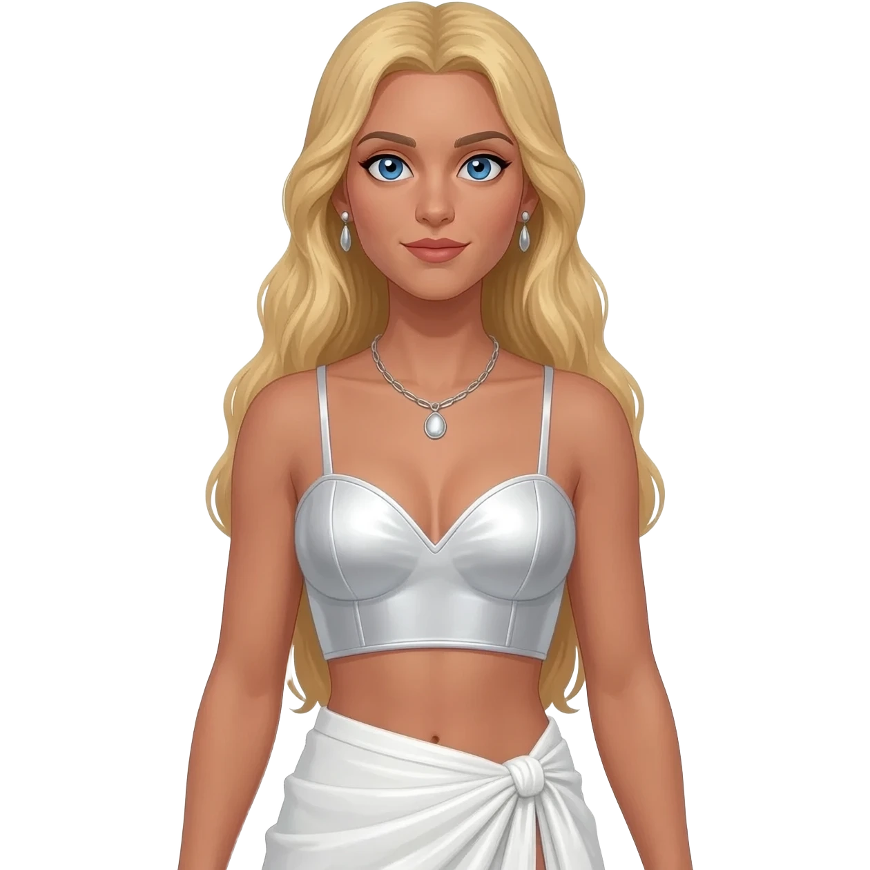 Desdemona from Othello with blue eyes, long blonde hair, white metallic sweetheart crop top, white metallic wrap long skirt, silver necklace and earrings emoji