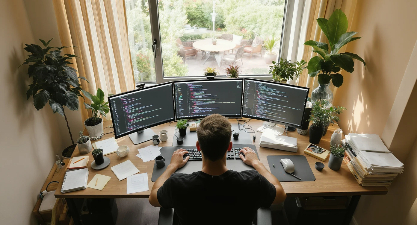 Cinematic shot of a programmer programming on tripple display setup PC, top dutch angle, Warm bright vibe, modern apartament around plants notes, model is dress like designer, morning, big window, captured on arri alexa emoji