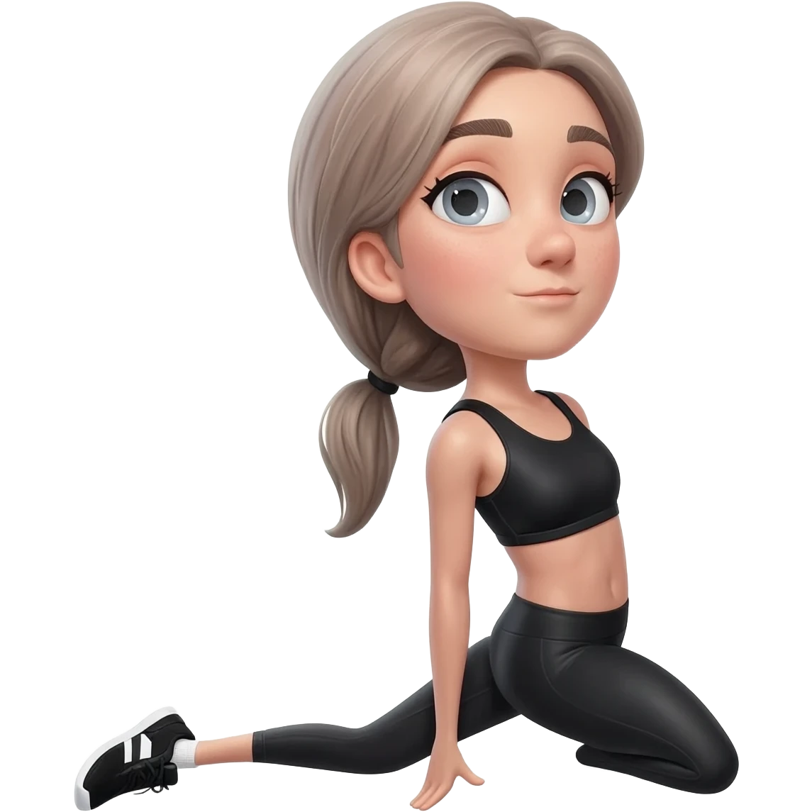 morning stretch with both arms overhead, fair-skinned woman, gray-blue eyes, ash brown brows, ash light brown hair tied back, slim athletic body, black workout set, black sneakers with white soles emoji