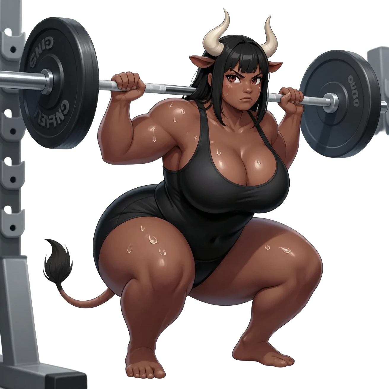 A big buff anime black woman with a tense face with bull horns and bull ears and bull tail with perfect posture does barbell squats in the gym. extra huge butt, strong fat thights, all skin glistening in sweat, giant butt, enormous heavy huge breasts covered in sweat emoji