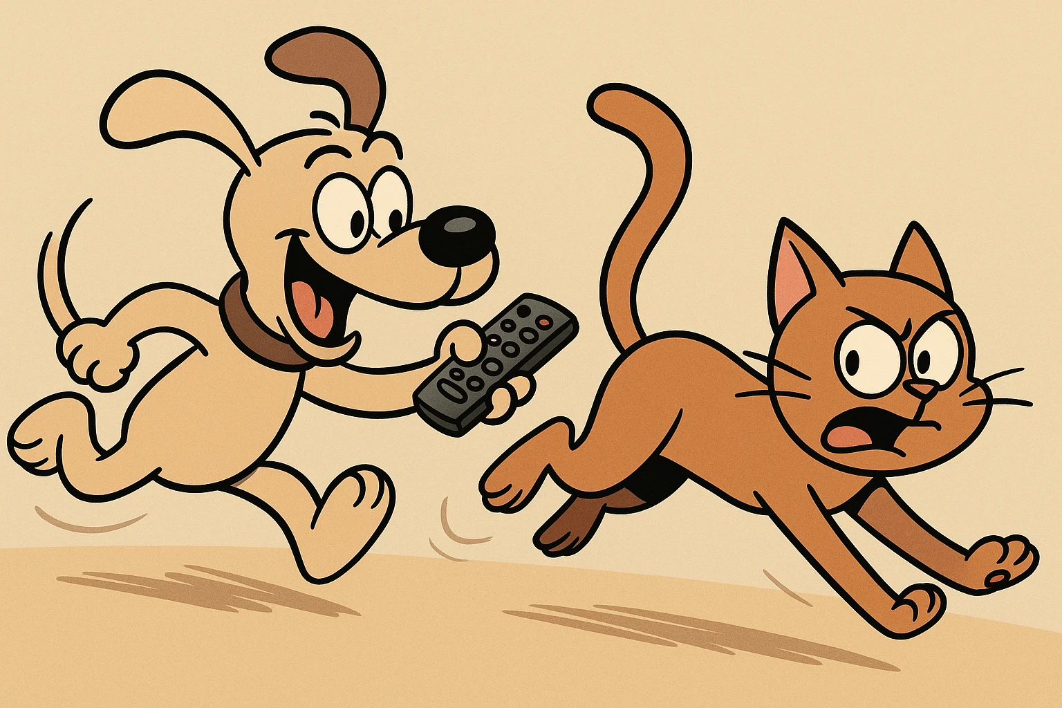 a playful dog holding a remote, chasing a cat, fun and energetic scene, cartoon style, lively and dynamic emoji