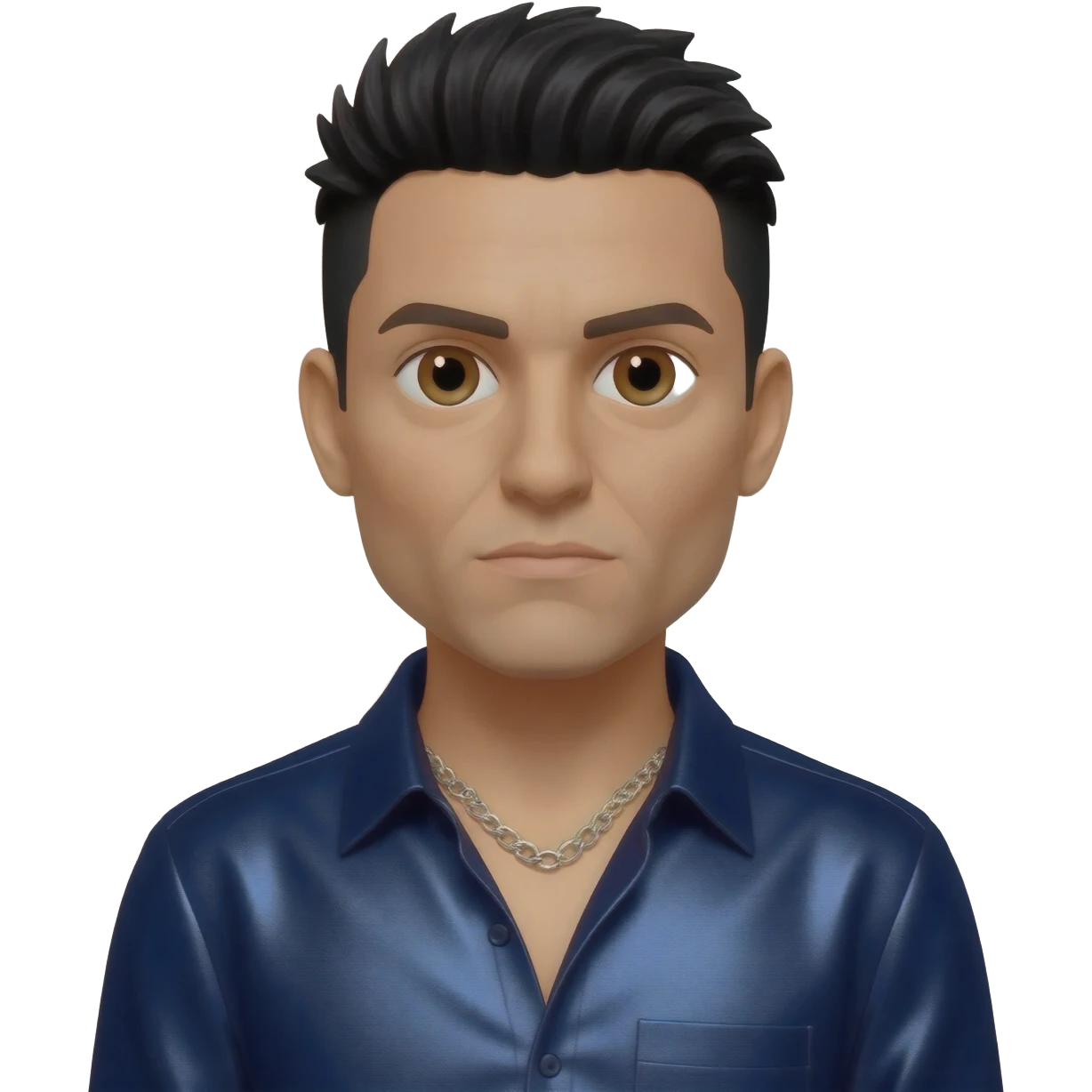 Chino Moreno with brown eyes, black hair, navy blue metallic shirt, silver necklace emoji