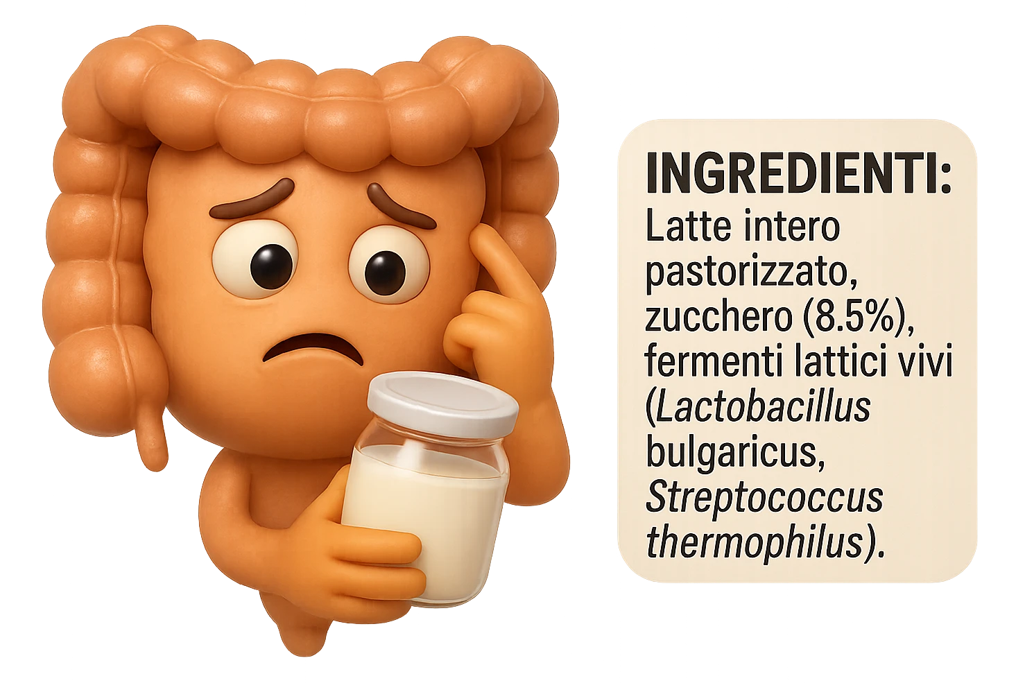 SU QUESTO STILE FAI UN EMOJI STILE IPHONE 3D DI UN INTESTINO CHE HA IN MANO UN BARATTOLO DI YOGURT CONFEZIONATO DA SUPERMERCATO E LEGGE L'ETICHETTA NUTRIZIONALE CON GLI INGREDIENTI IN ITALIANO, ACCANTO ALLO YOGURT CHE HA IN MANO C'è UN FOCUS SULL'ETICHETTA CON GLI INGREDIENTI SCRITTI, FAGLI UN ESPRESSIONE CONFUSA MENTRE LEGGE E FALLO MOLTO REALISTICO IN 3D emoji