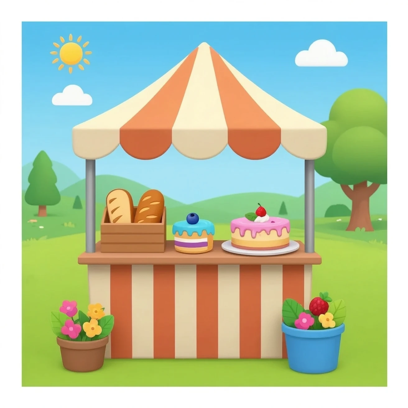 bancarella con tenda vendita pane , torta al mirtillo, torta di cartone animato immagine frontale emoji