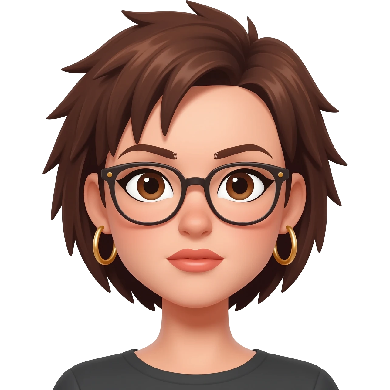 Female very very short brown hair few spikes gold hoop  earrings brown eyes glasses full lips emoji