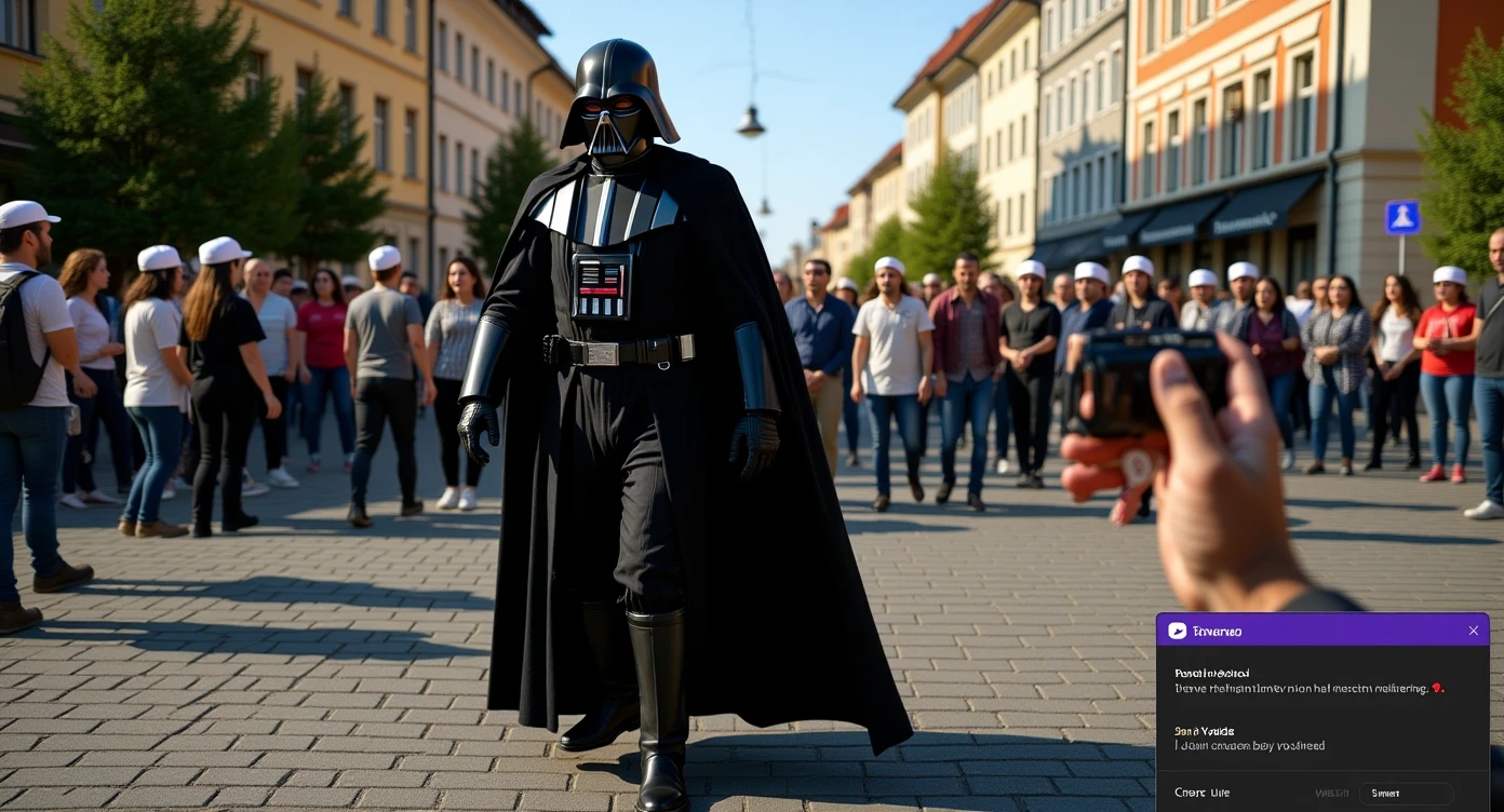 Ultra realistic, a lot of detail, 8k quality, Cinematic still of a darth vader walk through poznan city down town, sunny day, crowd of baby yoadas around him, he is live streaming on twitch, we can see twitch chat ui, selfie camera holding in hand front camera emoji