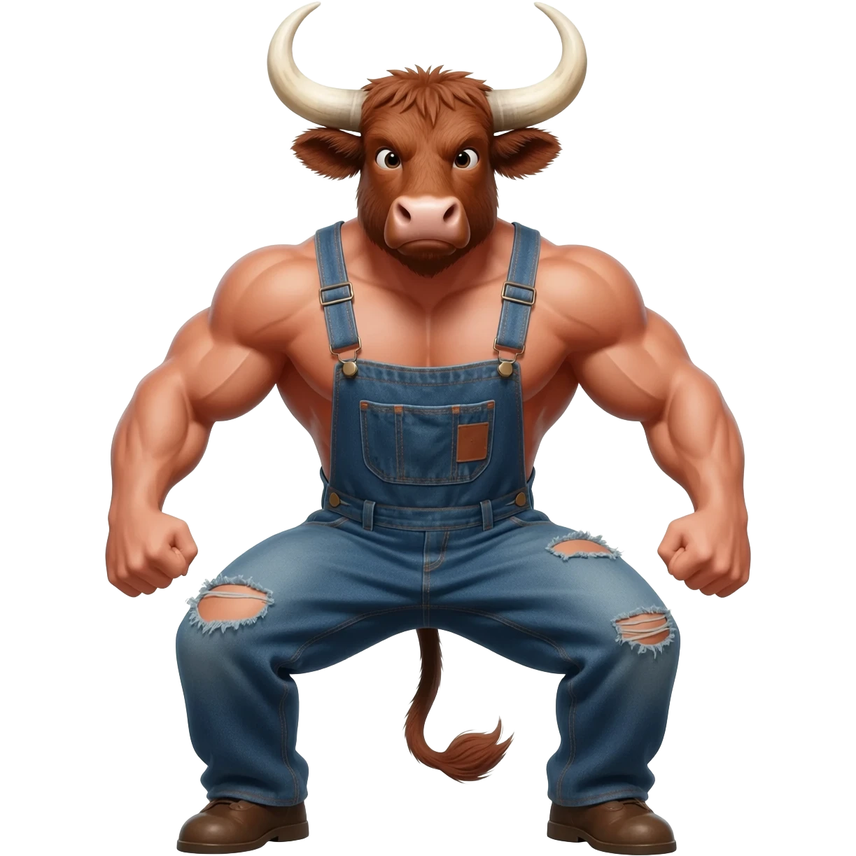 furious sunburnt country handsome extra large muscular man with large breasts with bull horns and cow ears and cow tail dressed in shabby ragged denim overalls squats legs vide open emoji