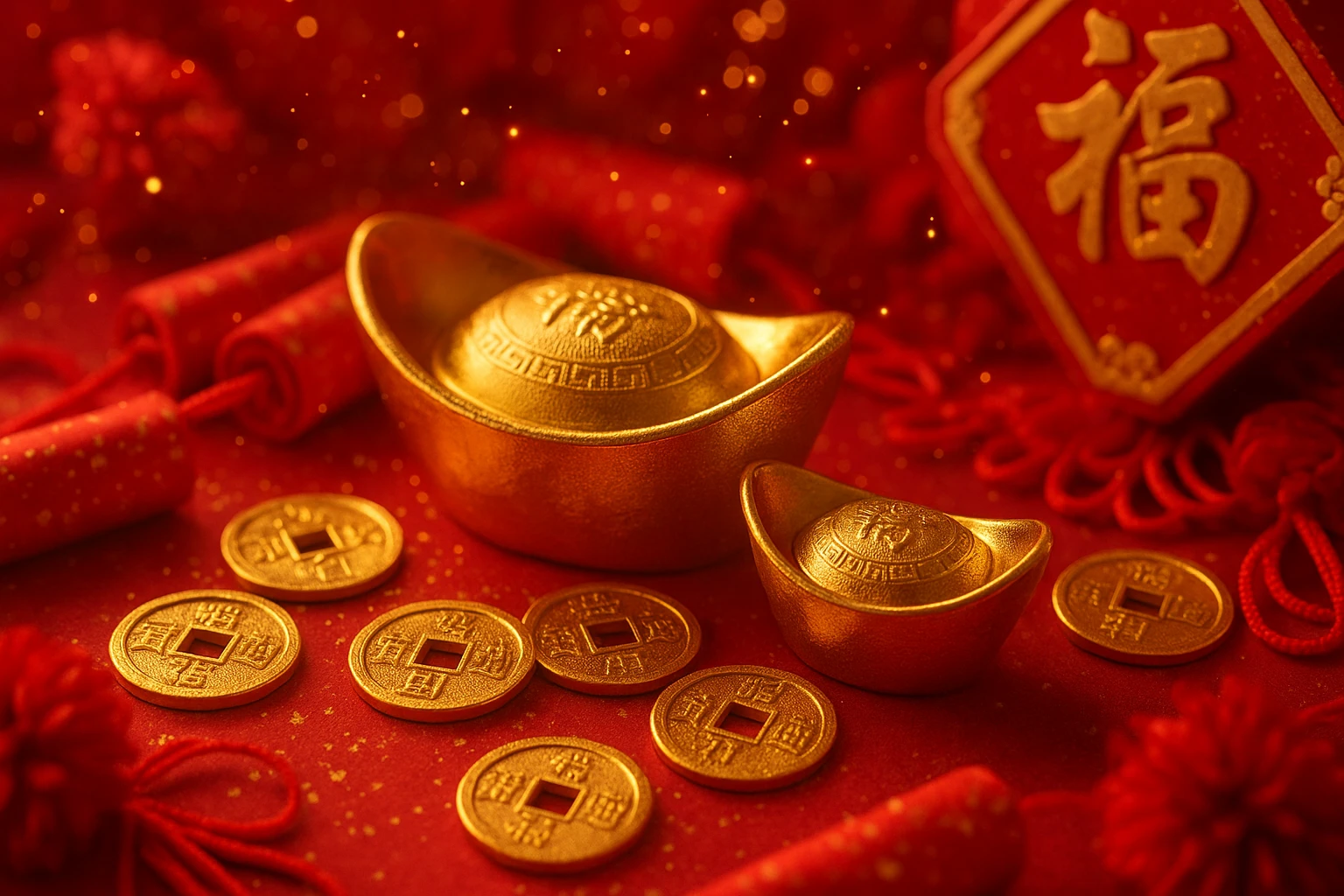 Chinese New Year gold ingots and lucky coins symbolizing prosperity emoji