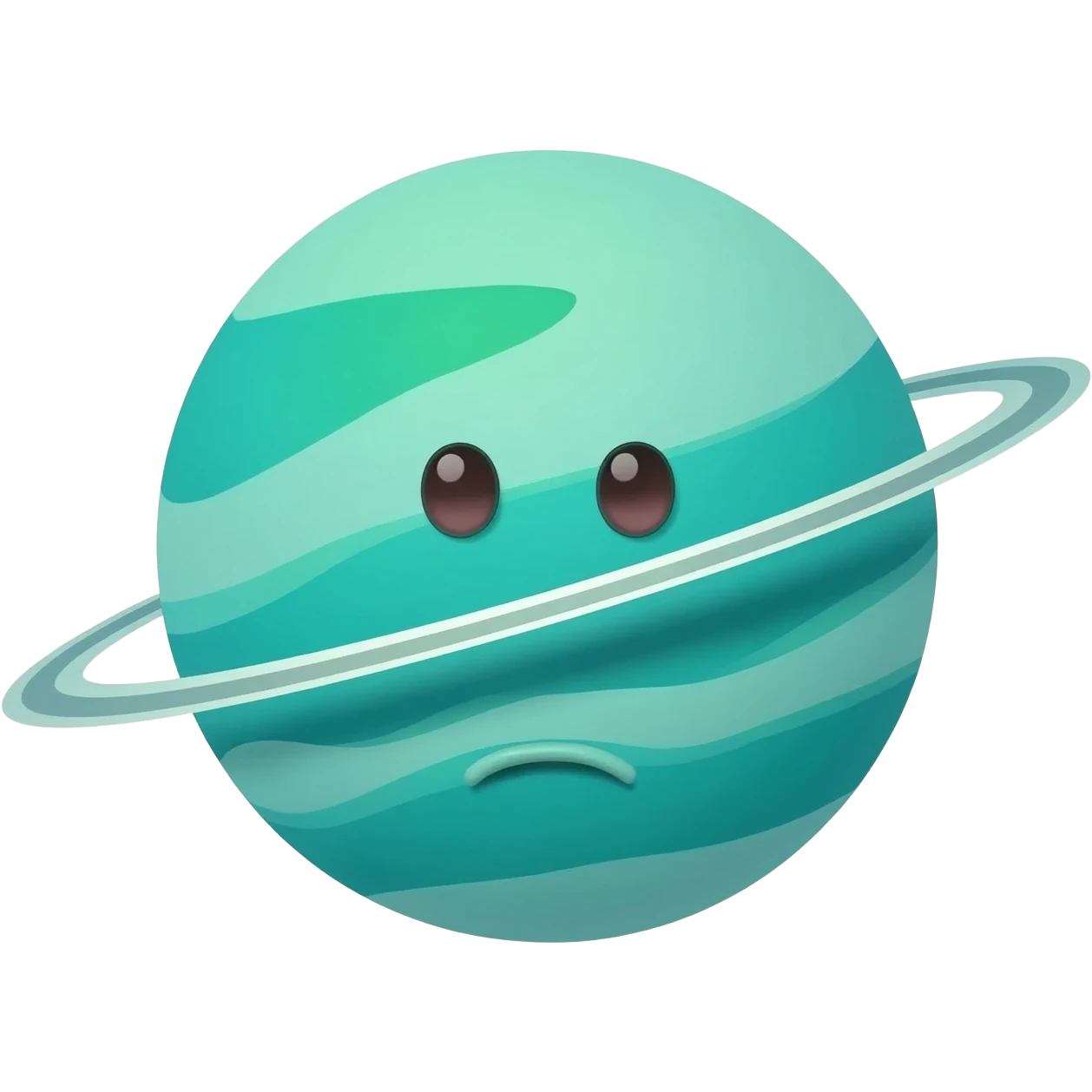 remake this image, but make it bluish-green without stripes on the planet's body, and make the single ring much thinner.  The face should look comically confused, not sad. emoji