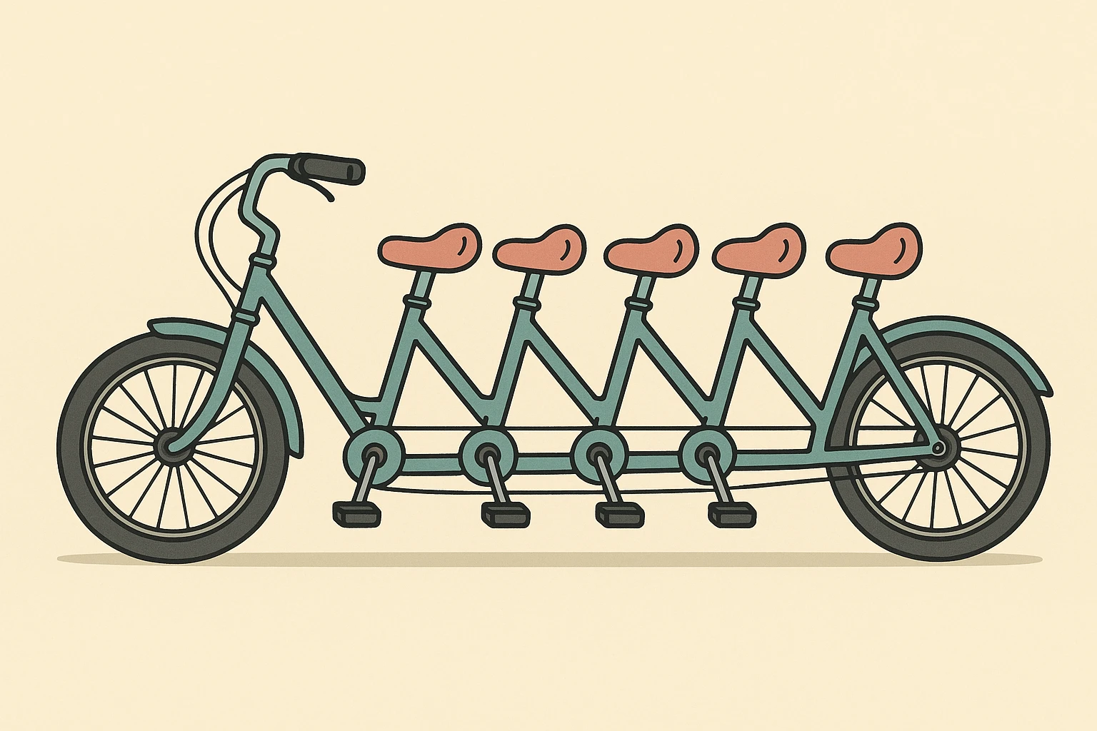 5-seater tandem bicycle side view showing five seats and five sets of pedals, clean modern illustration style emoji
