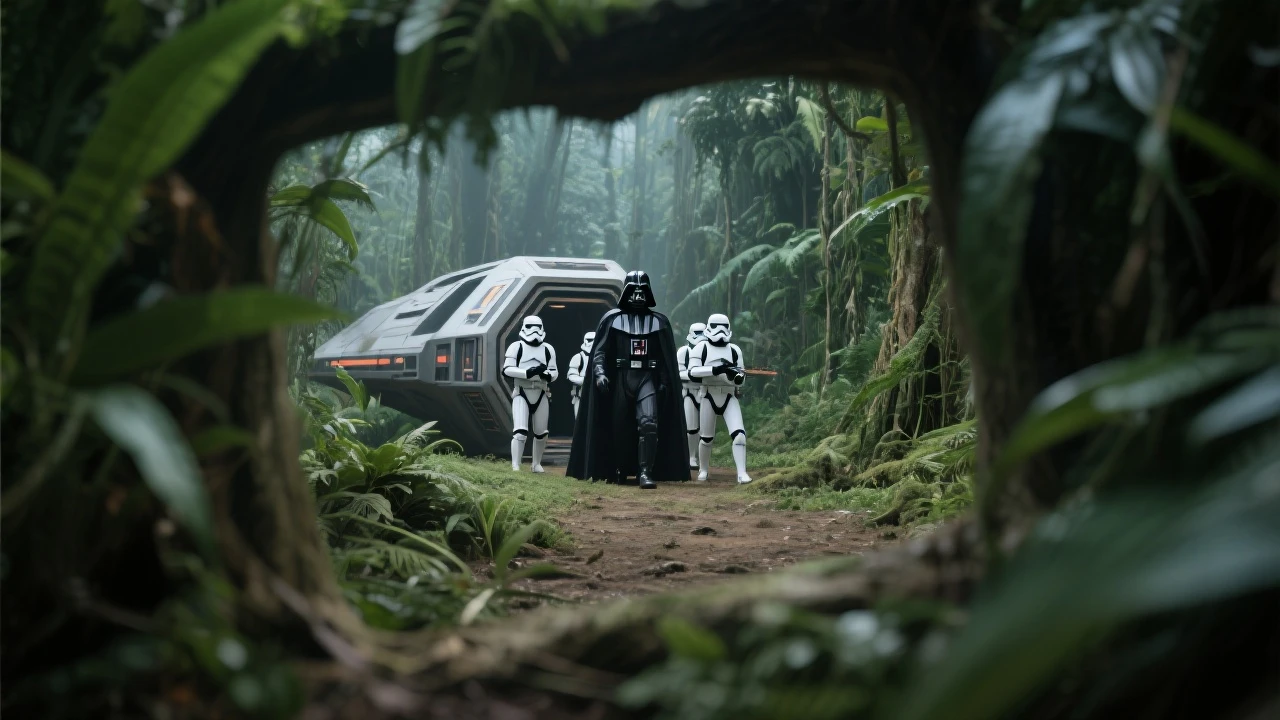 cinematic still, Closeup shot, amazon jungle,  blurred plants in the foreground (frame within a frame), Darth Vader around stormtroopers coming out from starship on ground, they are exploring the jungle, inspired by StarWars movie, captured by arri alexa emoji