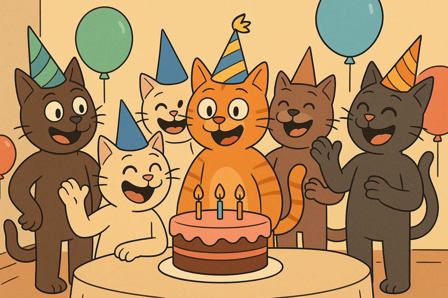 six guy cats at a birthday party, wearing party hats, balloons and cake, cheerful, vibrant, cartoon style emoji