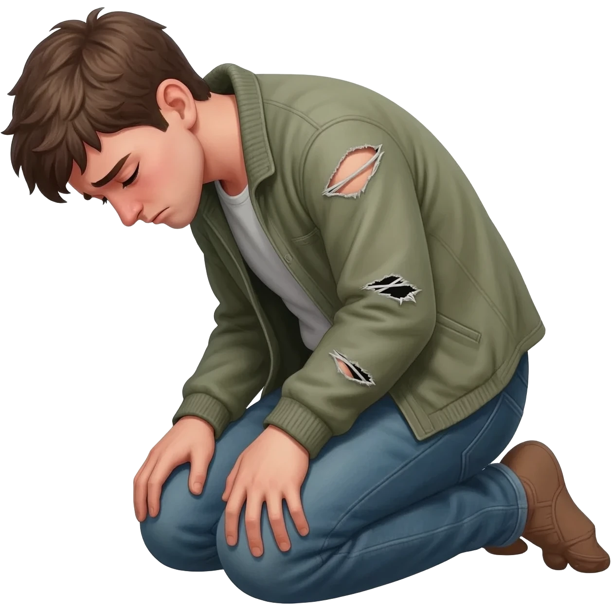 нарисуй раскаявшегося молодого человека на коленях   в рваной одежде  возрастом 20-24  года во весь рост  ,  времена древнего иерусалима emoji