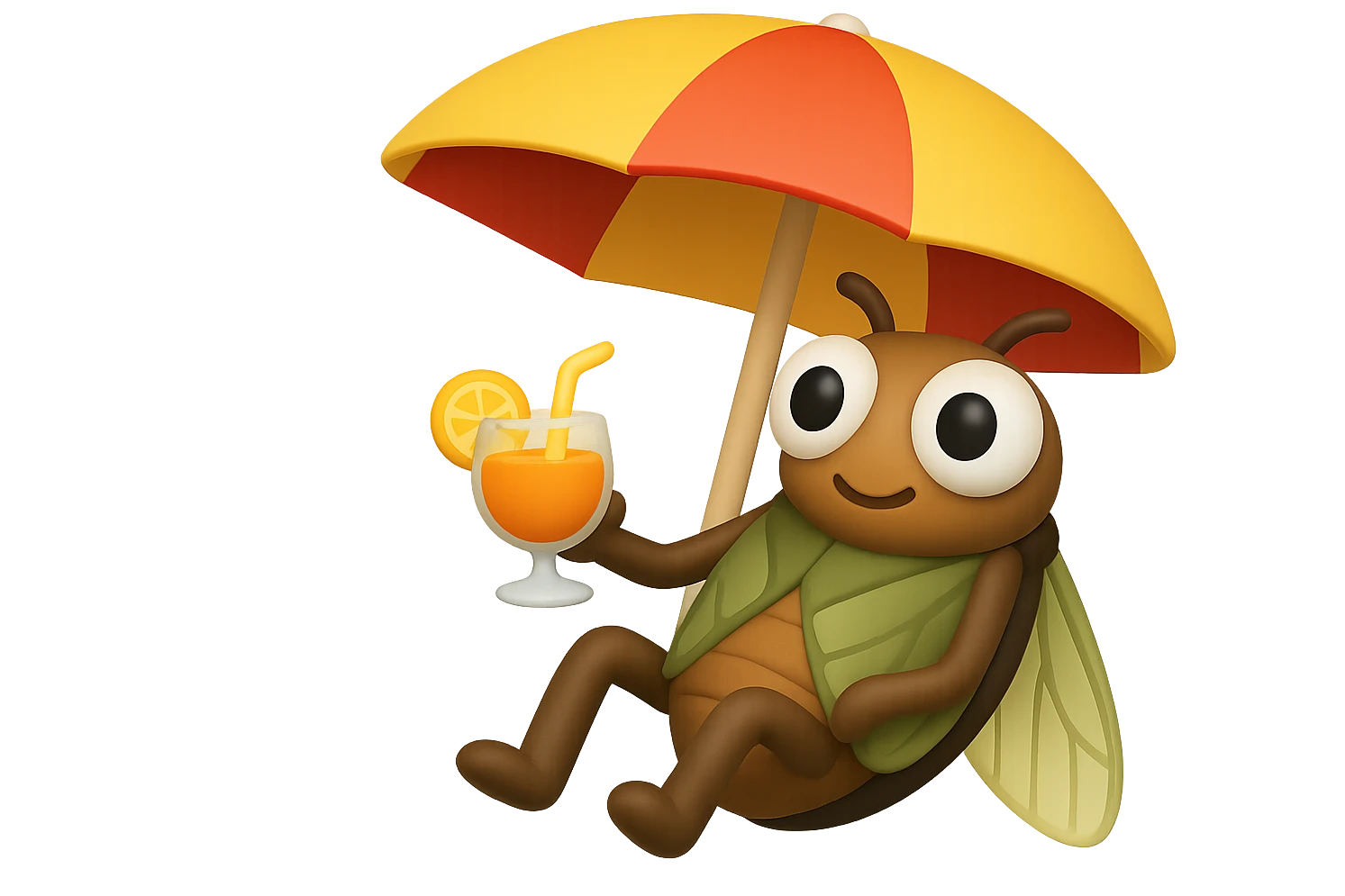 EMOJI STILE IPHONE 3D DI UNA CICALA CHE STA RILASSATA SEDUTA SOTTO L'OMBRELLONE IN SPIAGGIA CON UN COCKTAIL IN MANO, FAGLI GLI OCCHI CON LA PARTE BIANCA, NON SOLO LA PUPILLA emoji
