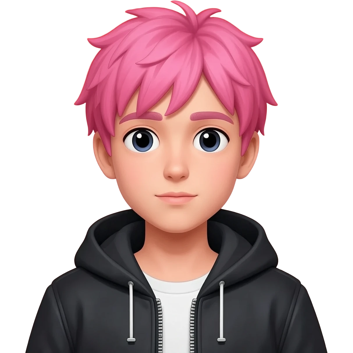 A boy teenager is pink hair in where's a red weather under a black jacket emoji