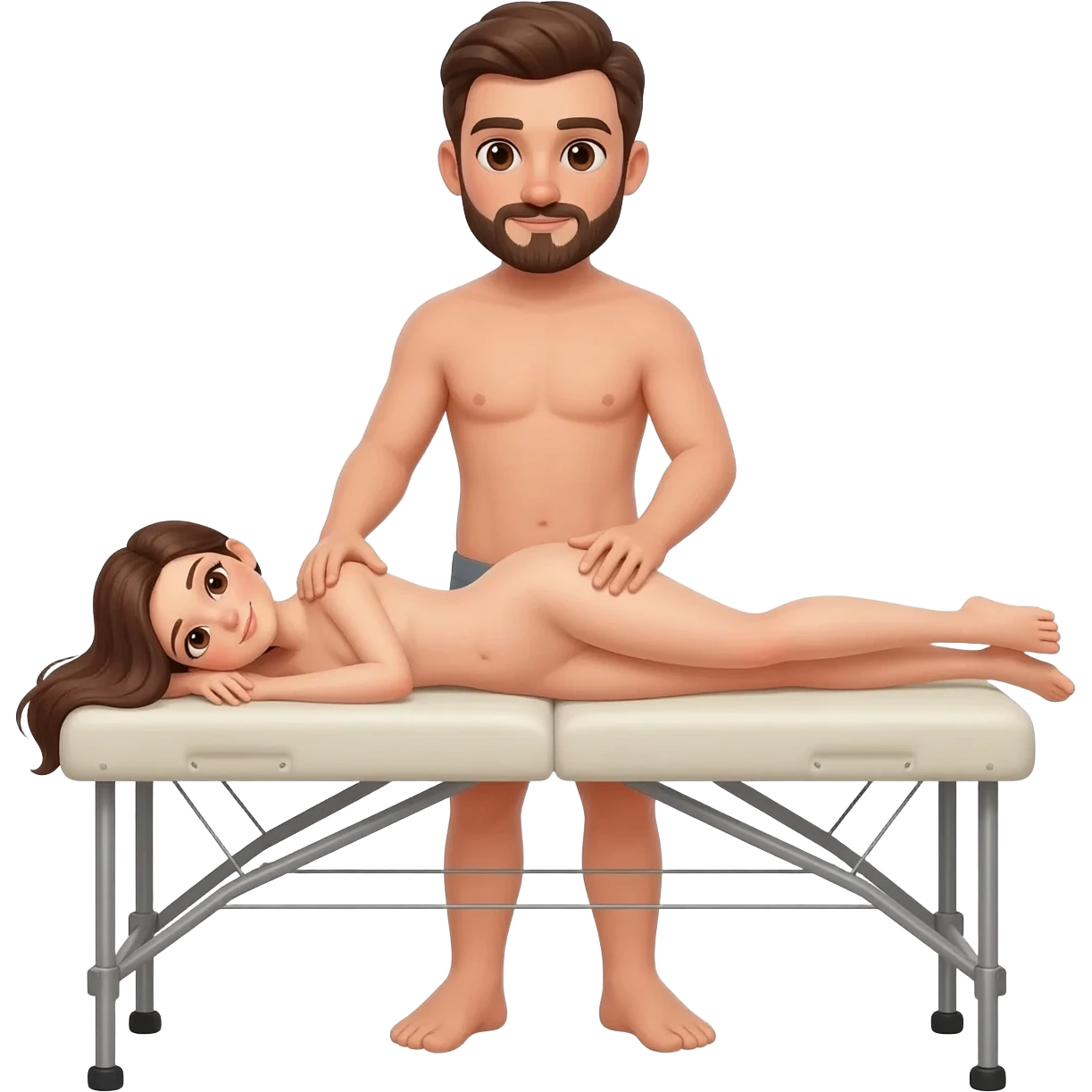 Female, brunette, brown eyes nude getting massage from a male, brunette, brown eyes, long hair beard nude laying down on a table massage emoji