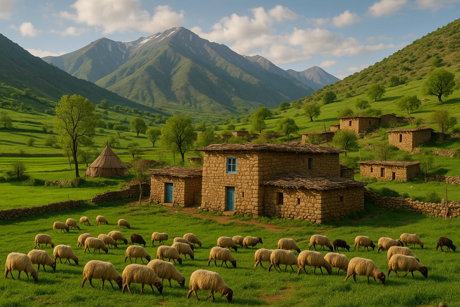 کوردی rural village scene, traditional Kurdish countryside, mountains, stone houses, green fields, sheep, vibrant and authentic, natural light emoji