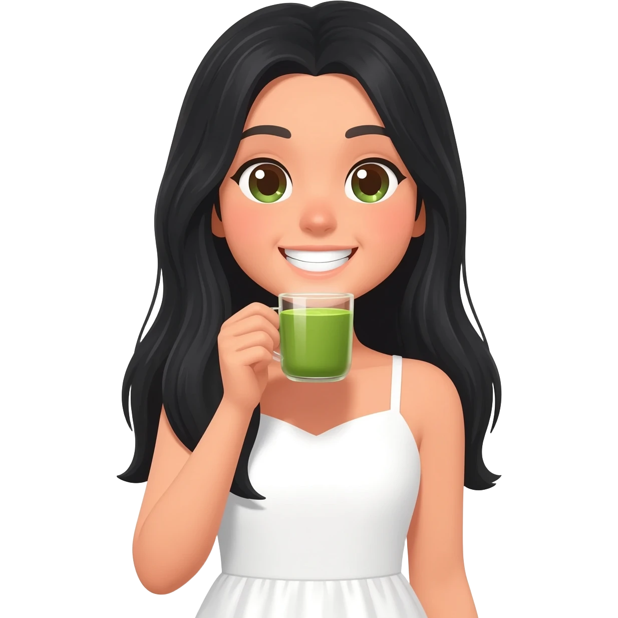 woman drink matcha black long hair green and brown eyes white dress and smile with teeth emoji