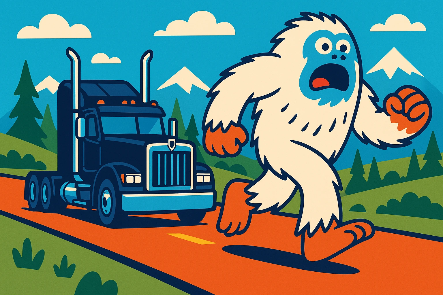 A black Kenworth W680 flat top semi truck with chrome stacks, chasing a big furry abominable snowman on a road, colorful and playful, no text emoji