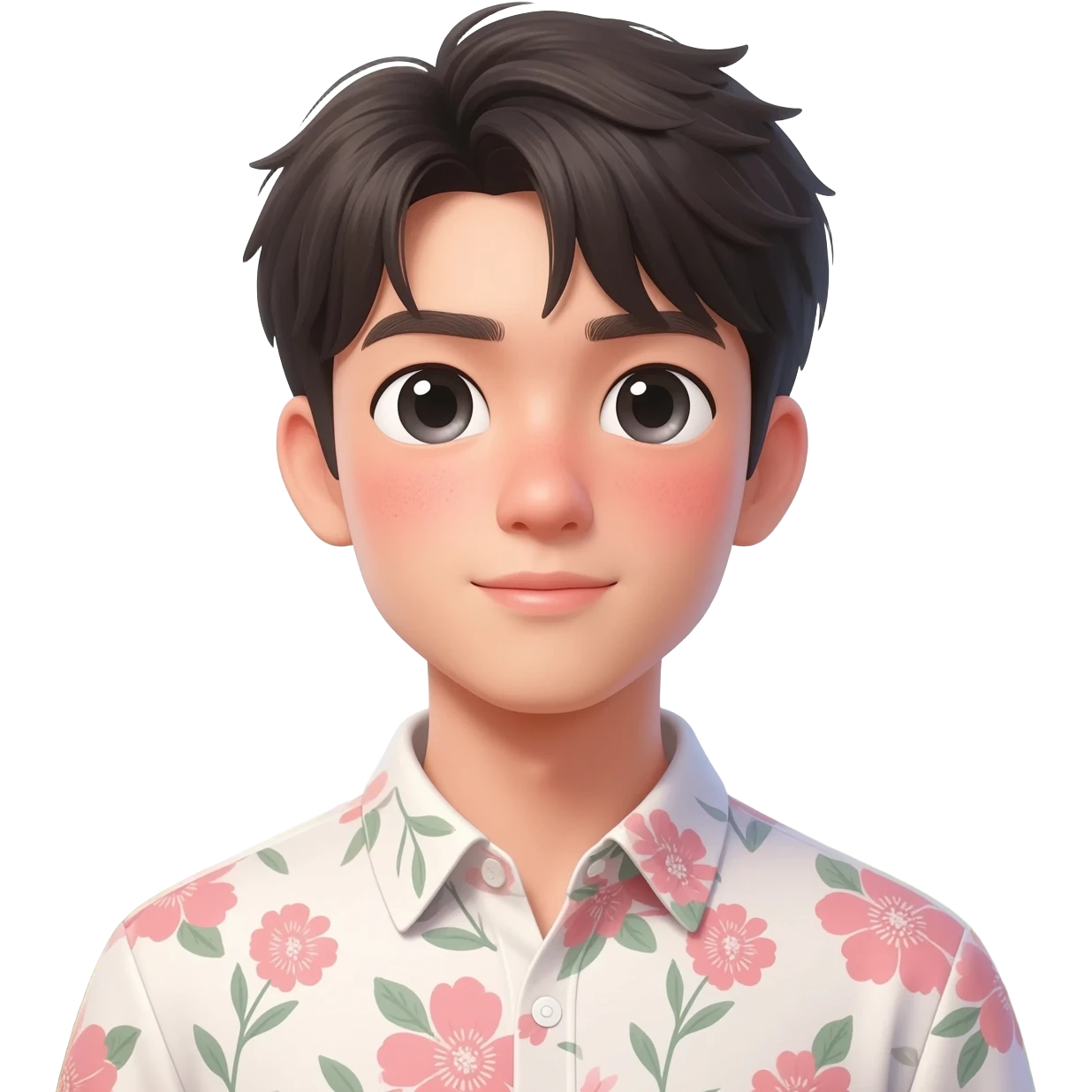 Gorgeous bright sparkly romantic Asian anime style guy with blushing face and flowers aesthetic trending style outside emoji