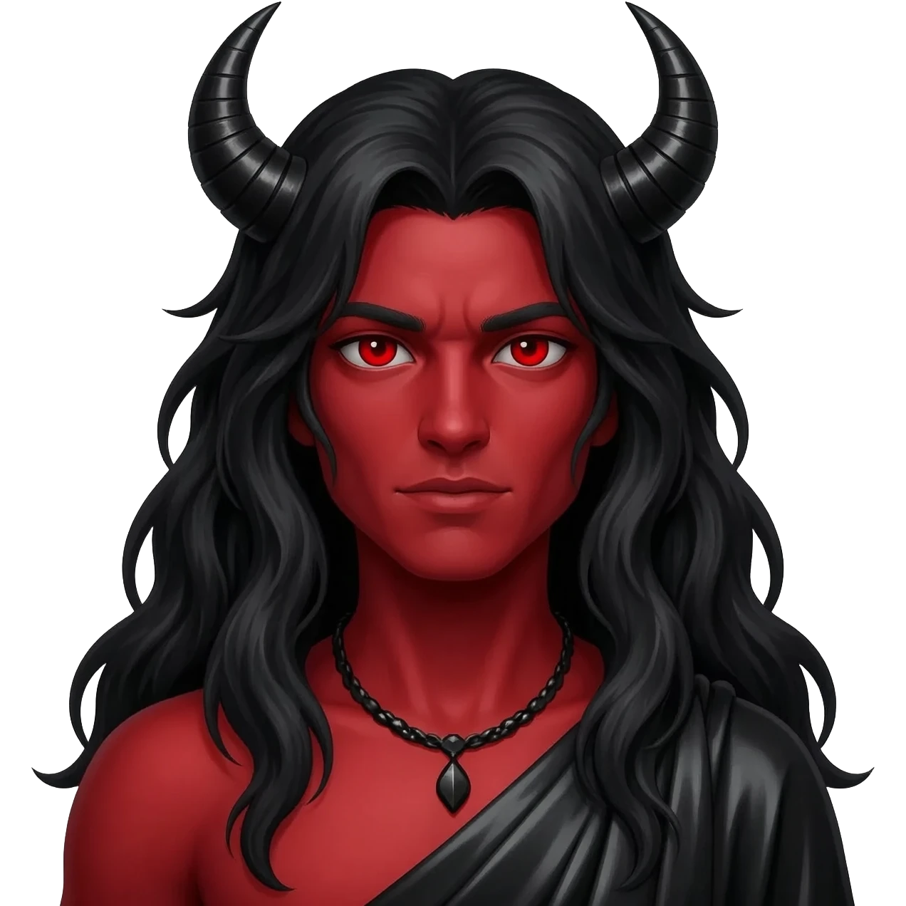 Satan from Christian Mythology with red skin, red eyes, long black hair, black metallic toga, black necklace emoji