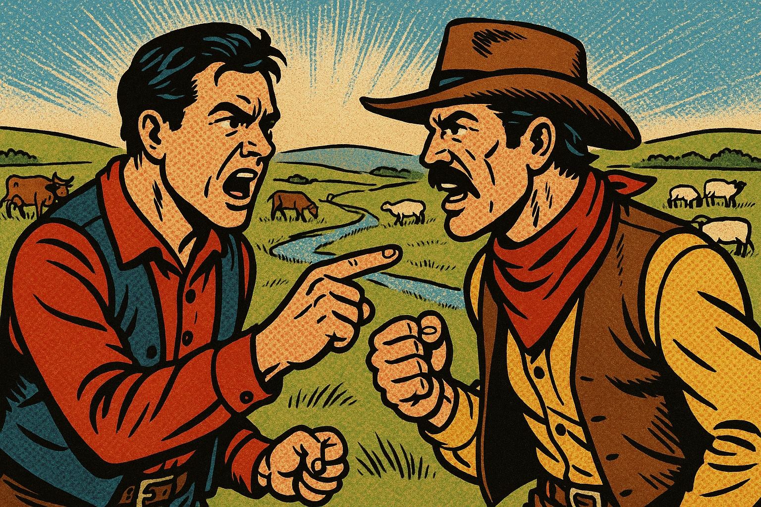 A homesteader having an argument with a cattle rancher cowboy in the grasslands of the American West in the 1870s. There are cattle and sheep grazing in the background with a small stream running through the land. emoji