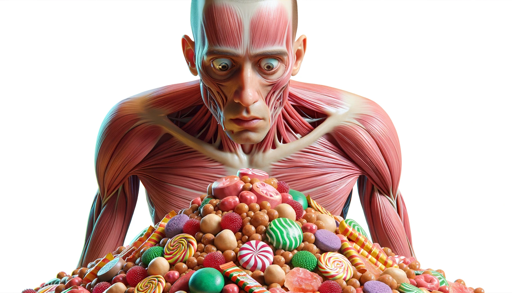 corpo umano anatomico con capelli corti che guarda una montagna di dolci e junk food davanti a lui con  gli occhi sbarrati e l'espressione nervosa perché li desidera, visto dall'alto, iperrealistica 4k, isolato su sfondo bianco emoji