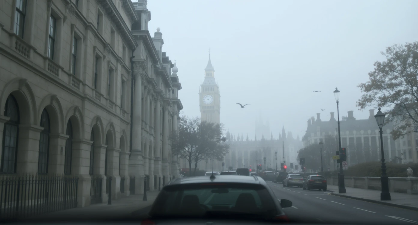 Cinematic shot of a london street, cloudy foggy day, soft light, leading lines to big ben in distance, multi composition, in foreground blurred car, on second street around UK bulding, od another plan in distance big ben, birds flying, artistic look, captured on arri alexa 35, triadal composition emoji