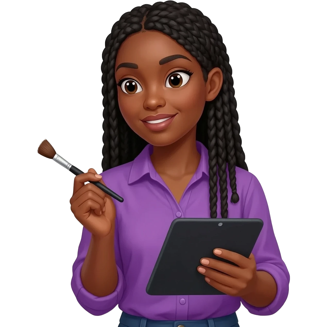 Emoji représentant une femme à la peau marron avec de longues braids noires et portant une belle chemise violette, tenant une tablette graphique dans une main et un pinceau dans l’autre emoji