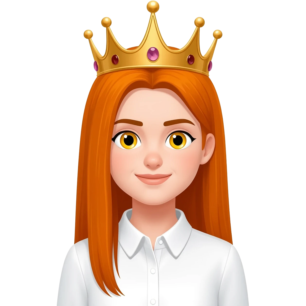 White girl with orange long straight hair and yellow eyes with a crown on her head and a white shirt on brown eyebrows emoji