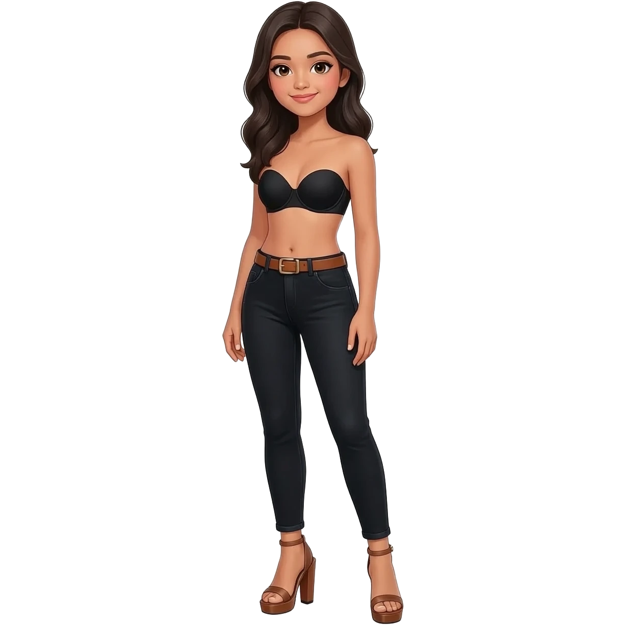 Filipino girl black bra strapless top and high waisted black jeans with brown belt with feet stand straight body wear pageant high heels sandals brown emoji