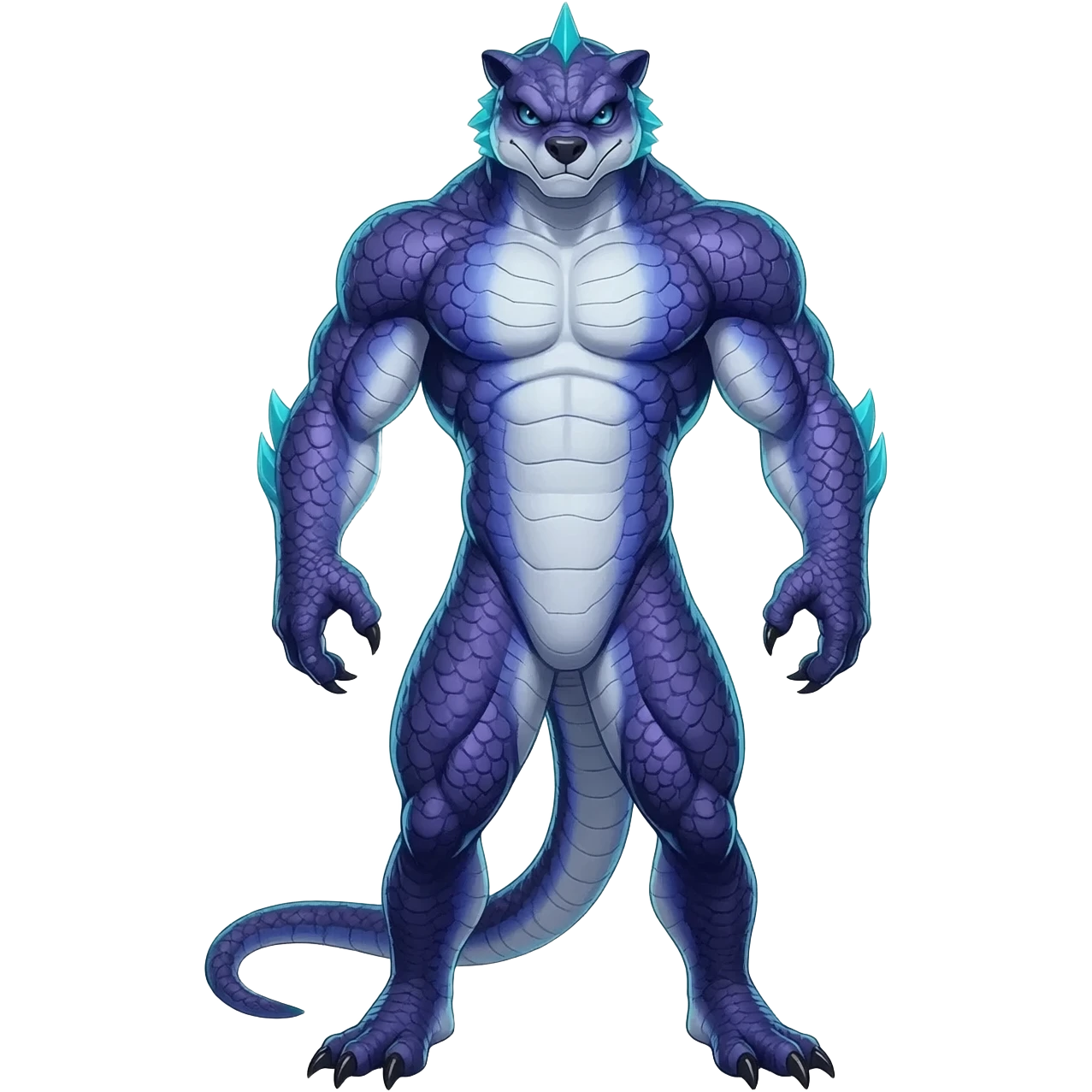zig-zag-patterned striking indigo-violet-blue-cyan-gradiented with dark undertones, white underside, thunderous stormy edgy badass realistic Vernid-Sergal-Genet-Trico-species by LiLaiRa, full body emoji