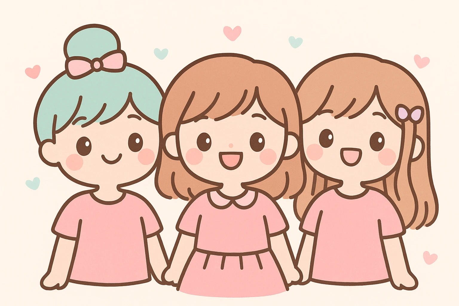 three girl best friends, cute cartoon style, top half of their bodies visible, all wearing pink, smiling, cheerful expressions emoji