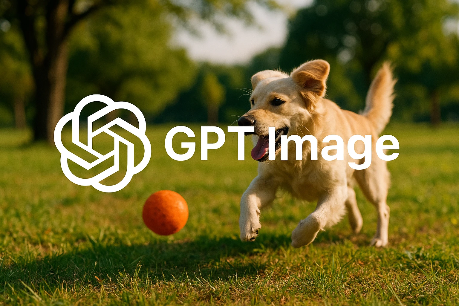 logo of chat gpt with text "GPT Image" on the background of a dog chasing ball, realistic image emoji