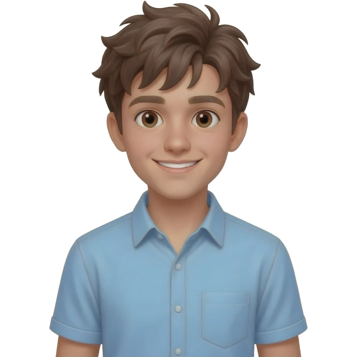 create an emoji of a teenage man, very very slightly tanned face, smile. he has an cool look, very messy brown hair, dark brown eyes, natural lips. he wears a short sleeve light blue emoji