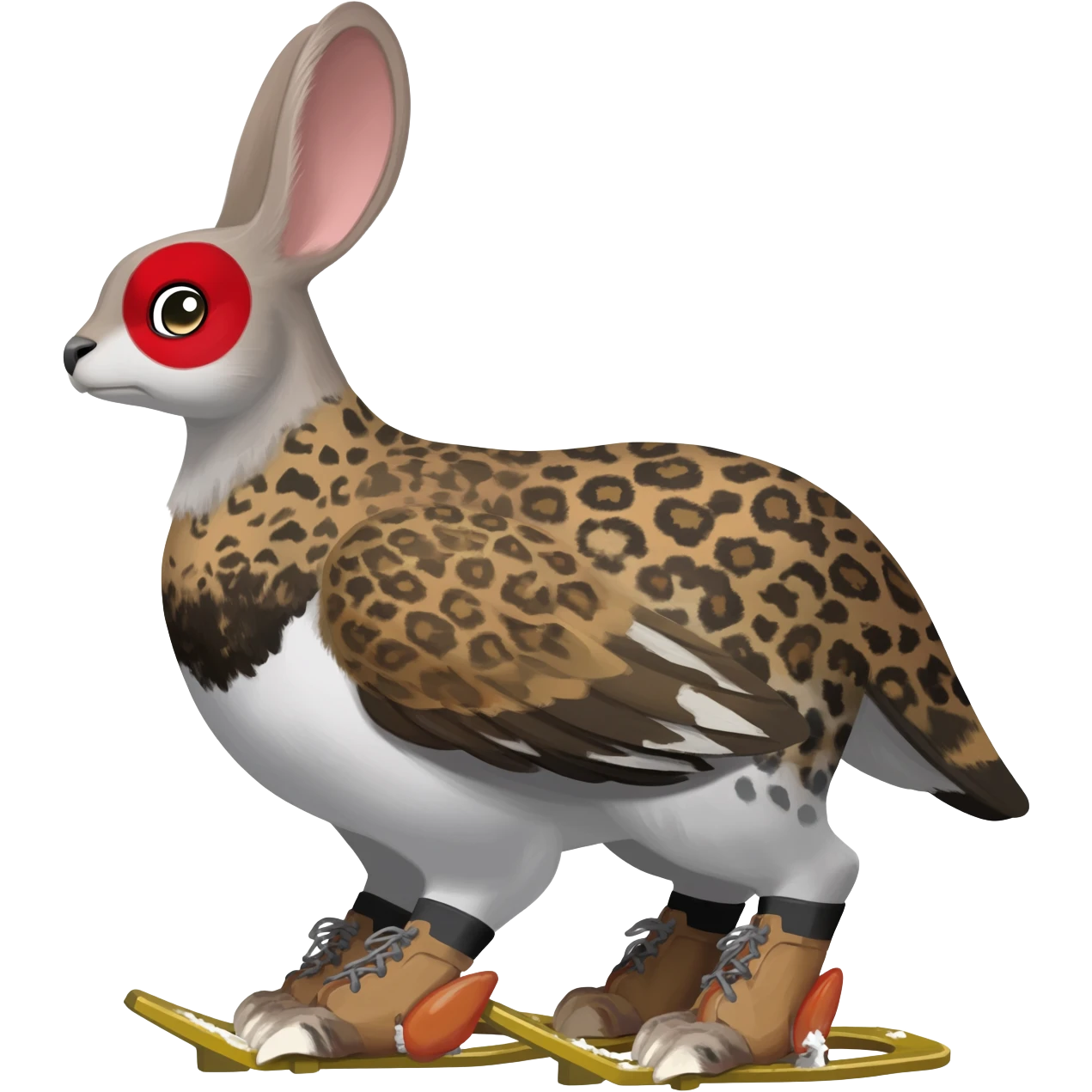 Rock Ptarmigan-Snow-Leopard-Snowshoe-Hare-Koi-Fish-Pokémon-Fakémon-Animal-hybrid, full body, with red marking over eye emoji