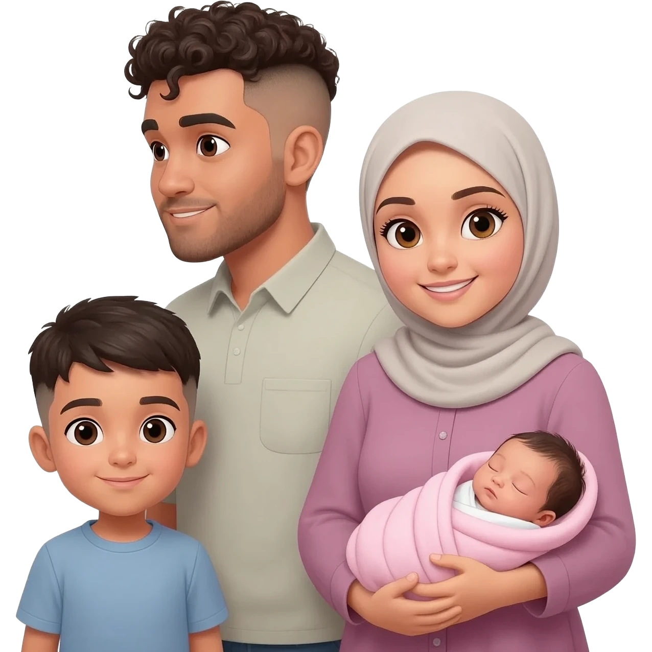 Family of four man woman 1 year old boy and baby girl but make the woman a hijabi and the boy younger man with a low fade pern get rid of the torso infront of woman give tha man curly hair with low fade  add a newborn baby girl with pink blanket on baby emoji