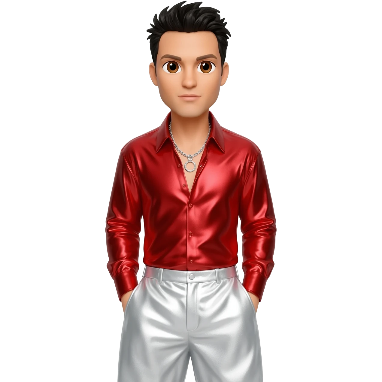 Jordan Knight from NKOTB with brown eyes, black hair, red metallic shirt, white metallic baggy pants, silver necklace emoji