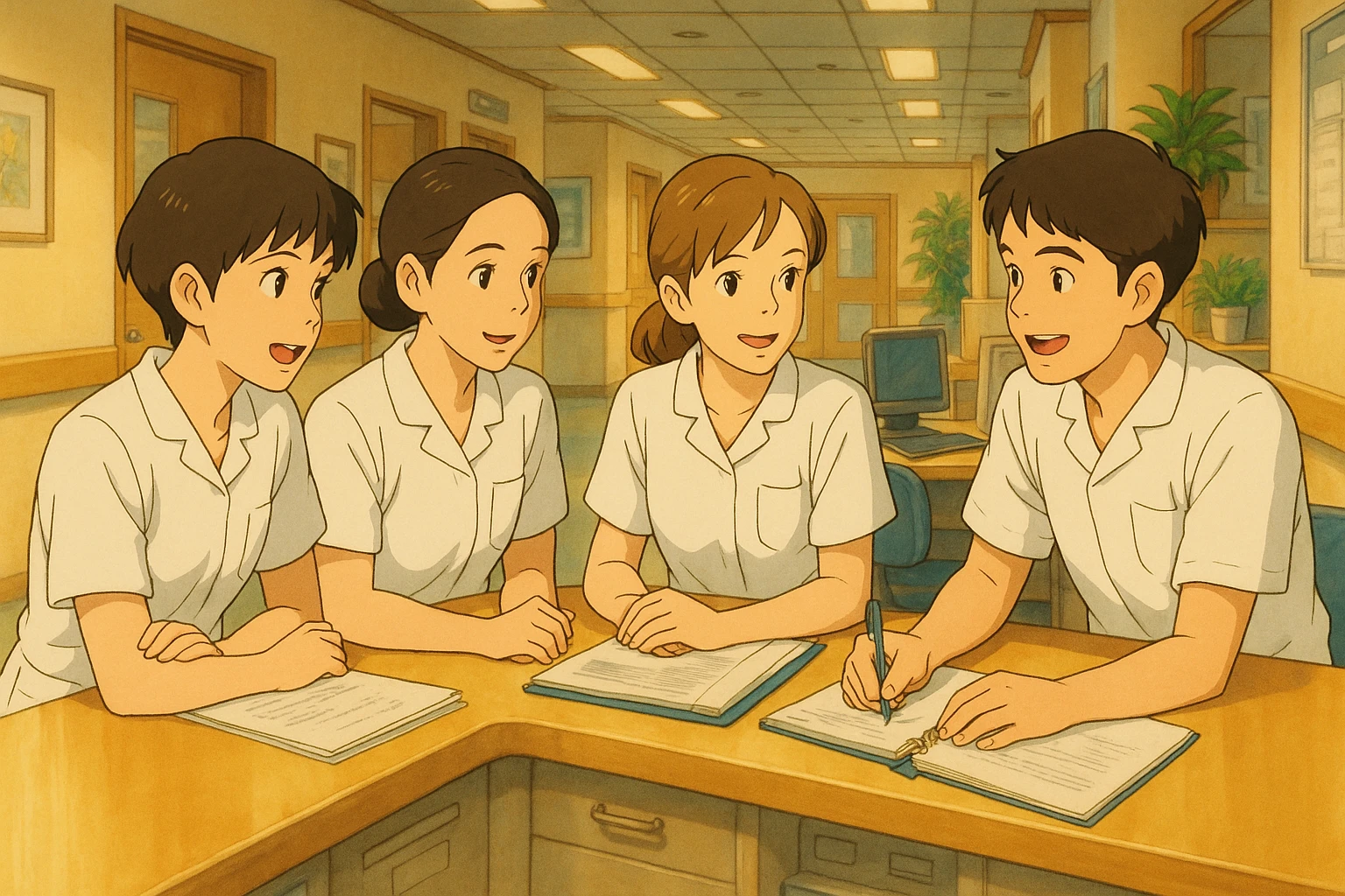 Four nursing students from photos, in discussion and collaboration in a care station, Ghibli style. White uniforms, medical tunics with V-neck, left chest pocket, short sleeves, no classic collar, no stethoscopes, no fabric under sleeves. Team atmosphere, warm hospital decor. emoji