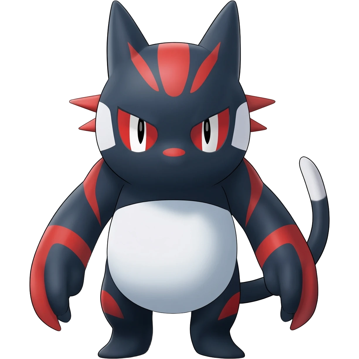 midnight blue-gray-black, with red markings, white belly, scaley Bastet-Noibat-Gatomon-Digimon-Fakémon-Pokémon-creature (full body) emoji