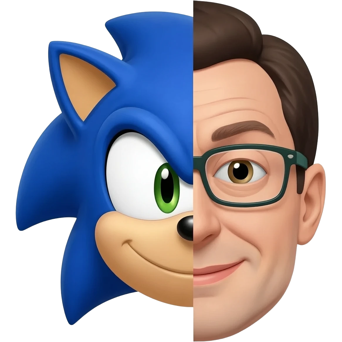 A split-face head, half Sonic the Hedgehog and half Sheldon emoji