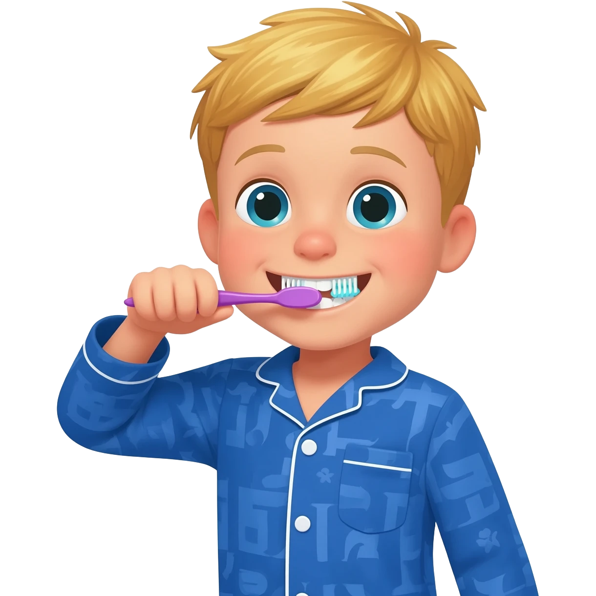 Create an emoji of the same blonde 3 year old as the first one you did. happy boy with blue-greenish eyes with blue pajamas on brushing his teeth emoji