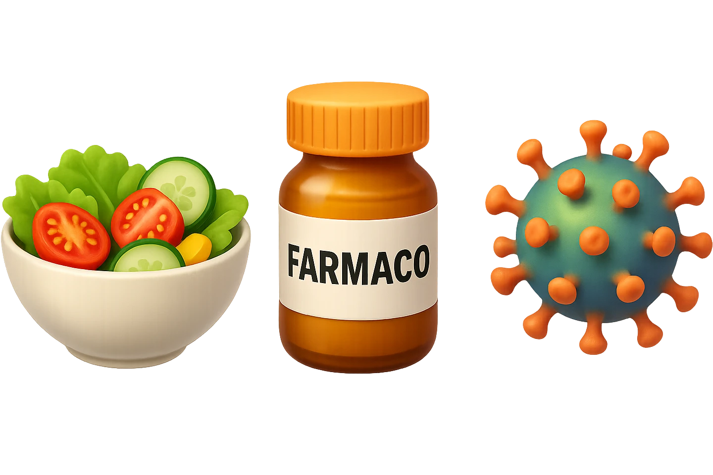 EMOJI STILE IPHONE DI una bowl di insalata, una boccetta di farmaco con la scritta "FARMACO" SULLA BOCCETTA E UN VIRUS, FLUTTUANO IN ARIA, IPERREALISTICO 4K emoji