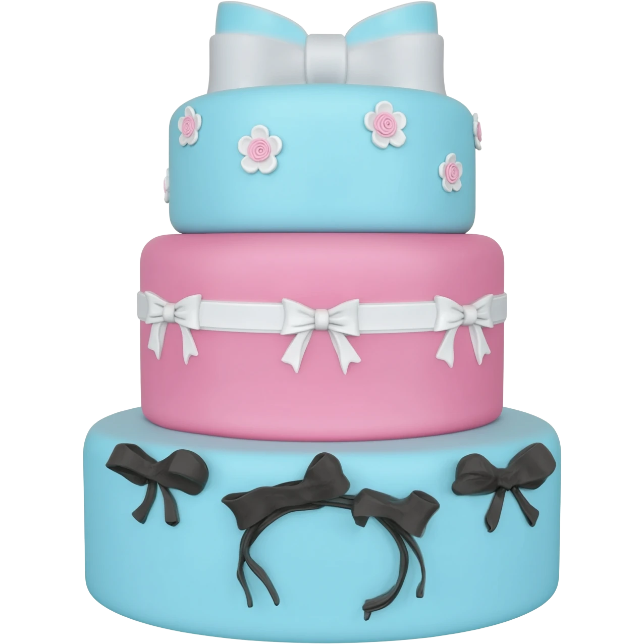 Pastel blue pink shaped birthday cake with black and white bows and flowers emoji