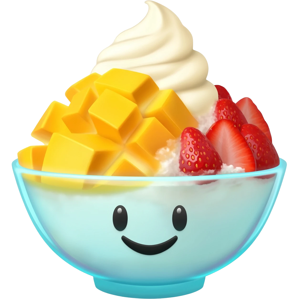 a cartoon bingsu with mango cubes and sliced strawberries and ice cream on top add a smiling emoji face to it emoji