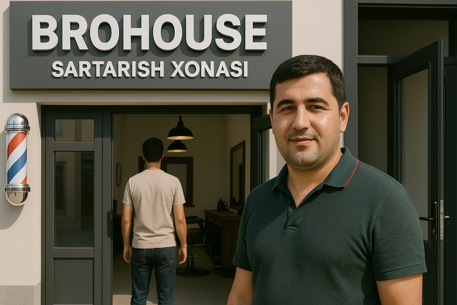 eni shu rasimga manashu odamga uxhshasin sartaosh eshik oldida tursin va tashqarida esa mijoz rasm esa 16 ga 9 bulsin 1920x1080 emoji