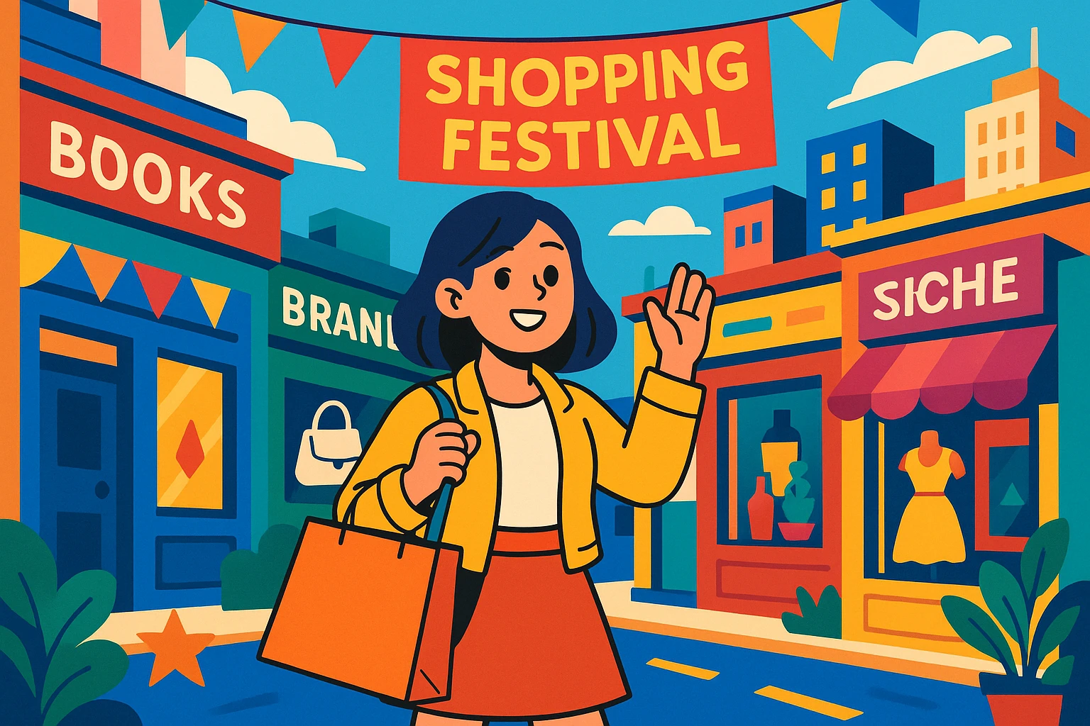 A young woman with a shopping bag, in a city street, vibrant colors, detailed background, shopping festival, niche brands, aesthetic lifestyle emoji