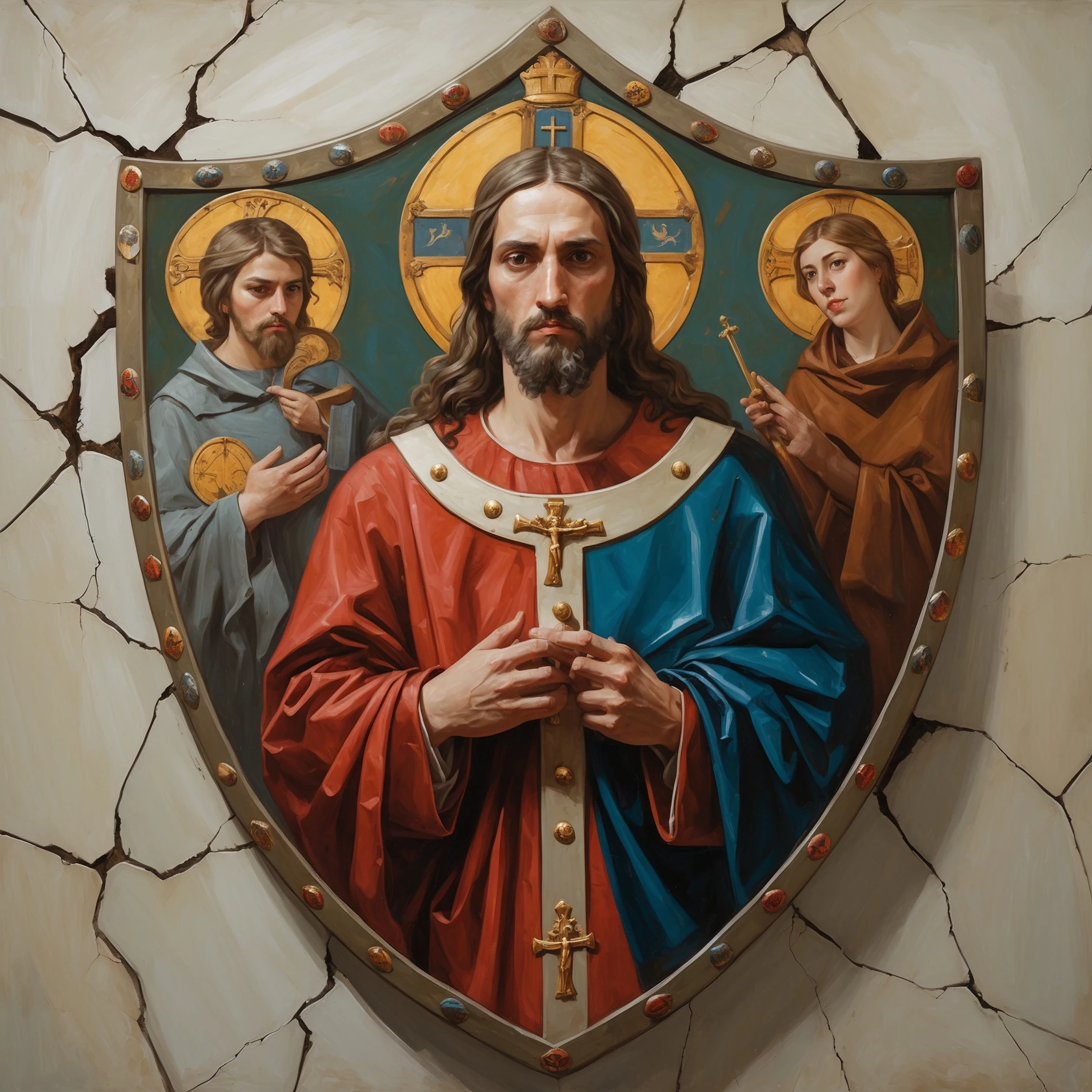 (img2img: strenght:=0.1) <ReferenceOnly-V3> inpaint religious theme onto the shield oil painting style flat image oil cracks countour
medieval shield art
 emoji